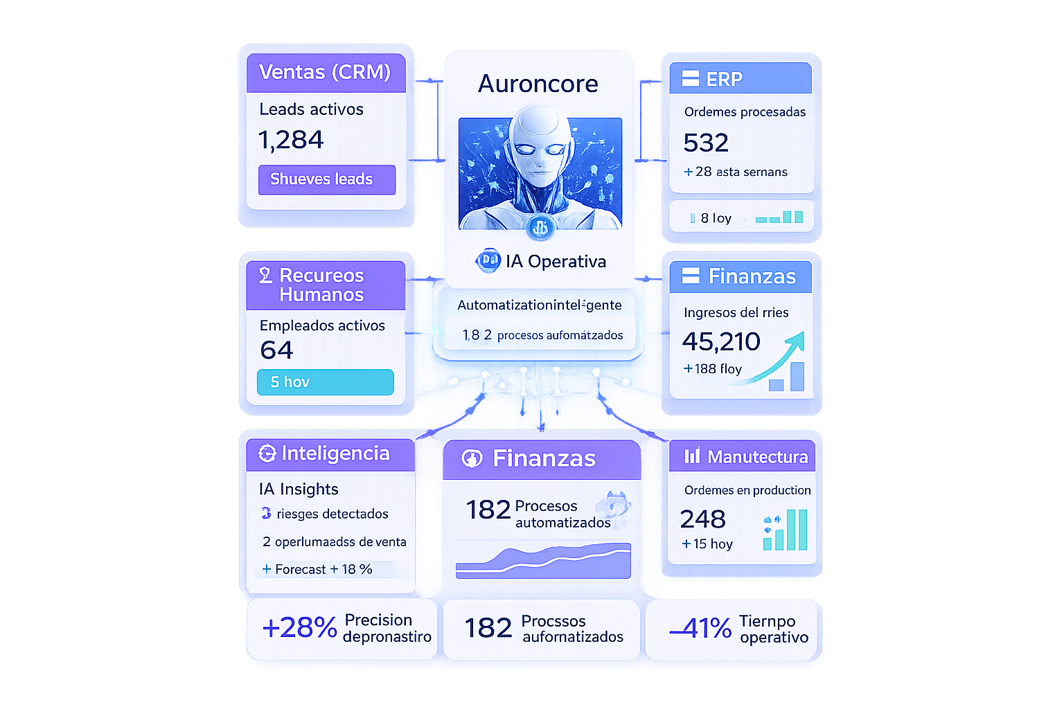 Panel operativo de AuronCore con modulos de CRM, ERP, HR, Finanzas, Inteligencia y Manufactura.